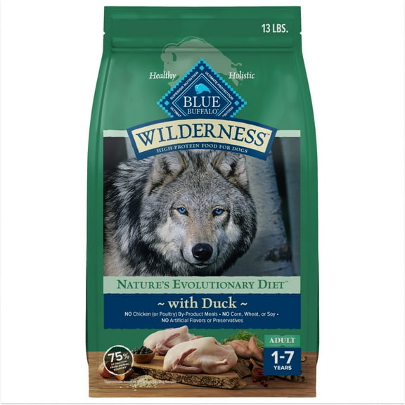 Blue Buffalo Wilderness Natural High-Protein Dry Food for Adult Dogs, Duck, 13-lb bag.