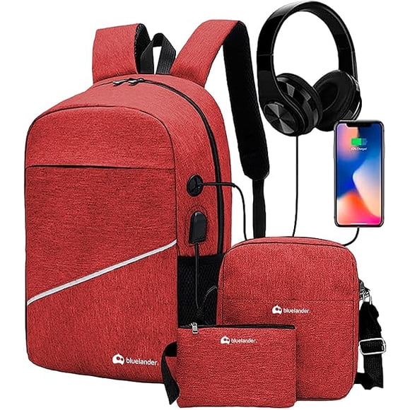 Mochila Antirrobo Bluelander, Mochila Cruzada y Lapicera, Set de 3 piezas, con Puerto USB, Rojo Mate