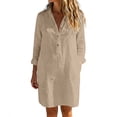 thumbnail image 2 of FDGIU Women's Collared Half Button 3/4 Sleeve Shirt Midi Dress, Casual Summer Loose Tunic Mid Dress with Pockets, 2 of 6