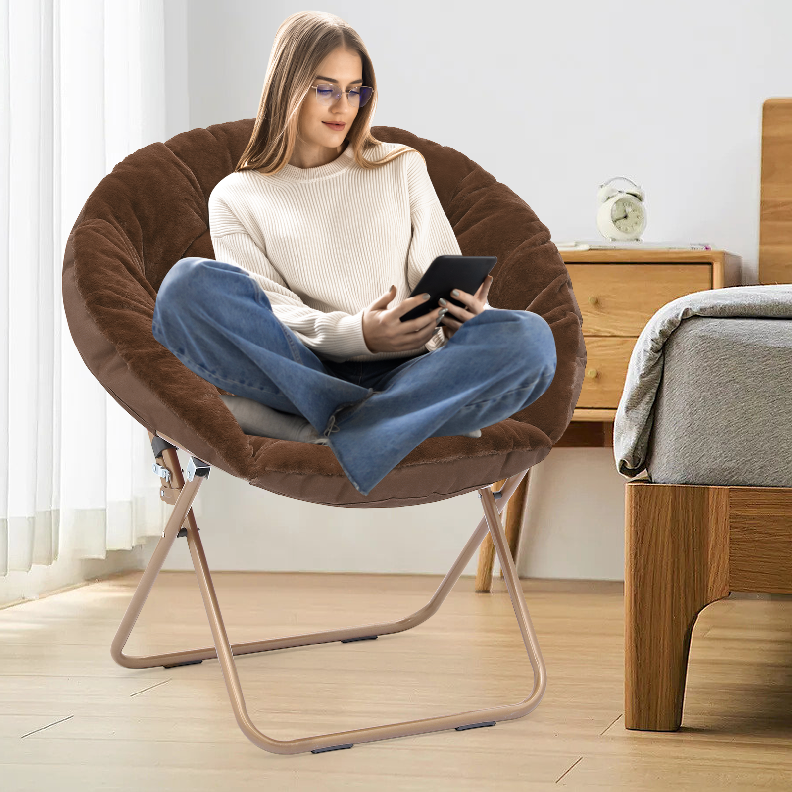 Magshion 2-Piece Folding Lounge Chair Comfy Faux Fur Saucer Chair, Cozy Moon Chair Seating with Metal Frame for Home Living Room Bedroom, Brown - image 4 of 10