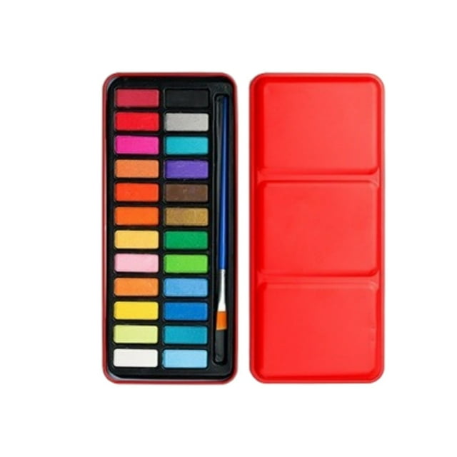 Set de acuarelas sólidas de 24 colores: estuche rojo, pincel de nailon, portátil; para principiantes, artistas y proyectos de dibujo