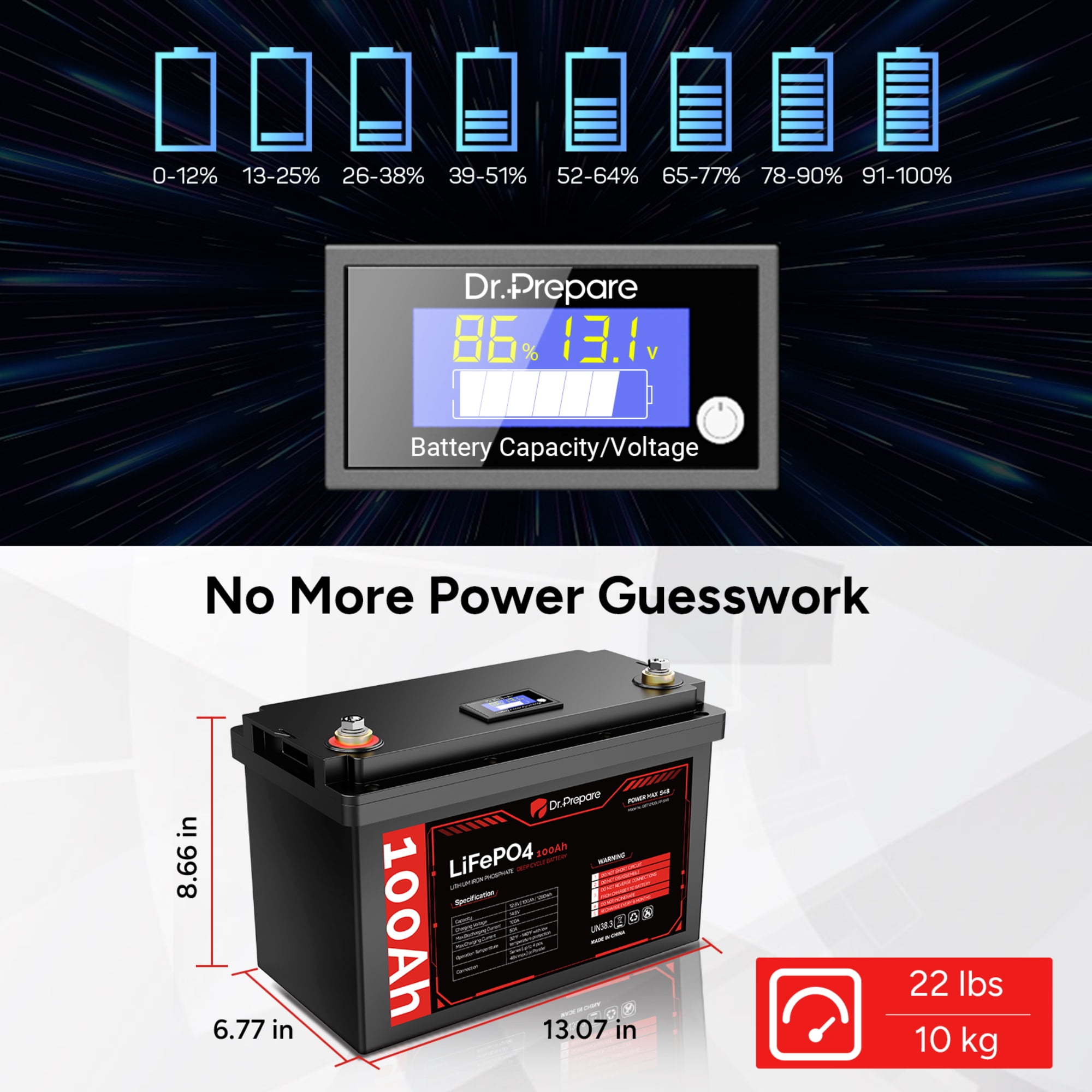 DR.PREPARE 100Ah LiFePO4 Lithium Deep Cycle Battery with LED Screen - Connect In Series for RVs, Boats,Black[10-year Warranty]