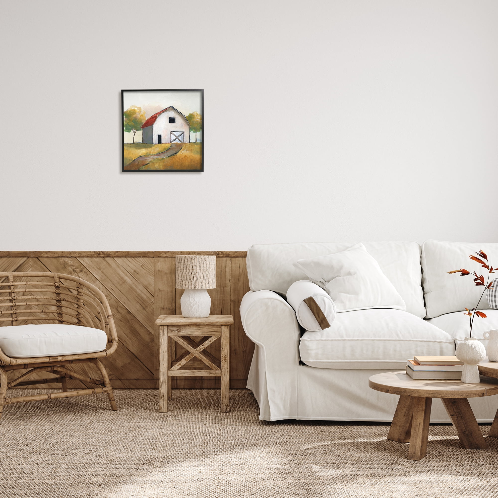 Stupell Indtries White Barn Building Between Orchard Trees Autumn Landscape,17 x 30,Design by Nan