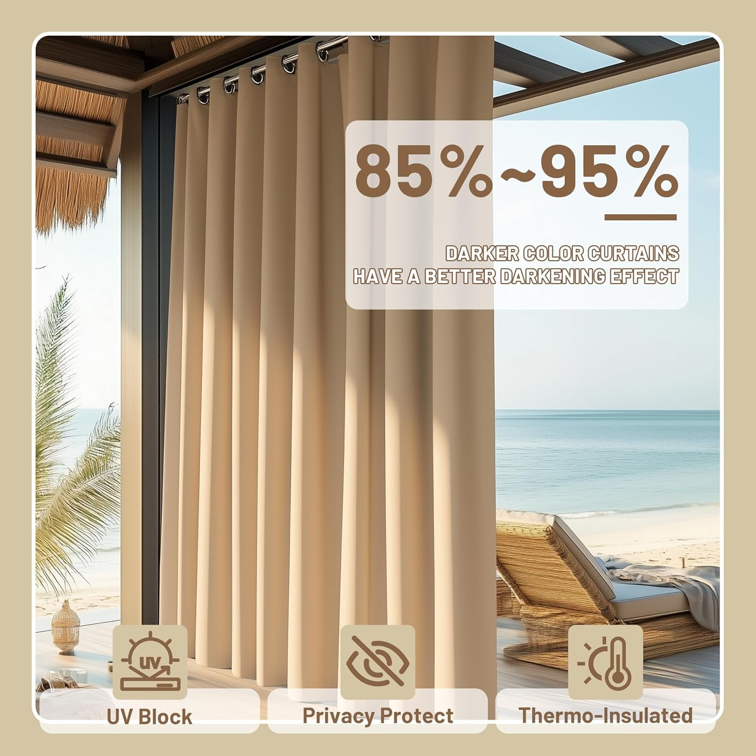 ShadeMart Outdoor Curtains for Patio, Waterproof Blackout Outside Curtains Premium Weatherproof Privacy Curtains for Porch Pergola Deck Backyard, 54W x 108L inch, Beige (Blackout), 2 Panels