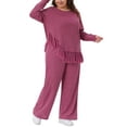 thumbnail image 4 of Agnes Orinda Women's Plus Size 2 Piece Outfits Sets Crew Neck Asymmetrical Fringe Hem Ribbed Knit Casual Long Sleeve Blouse and Wide Leg Pants 2X Rose Red, 4 of 6