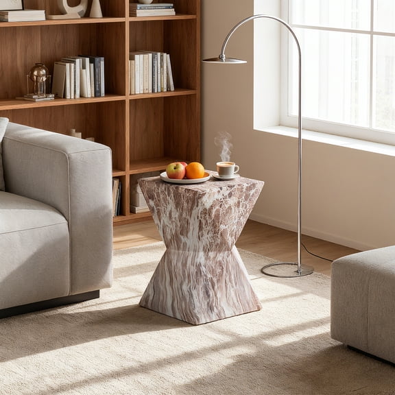 Cement Outdoor End Table for Patio and Garden, Faux Terrazzo Accent Table, Modern Small Round Side Table for Outside Use, Tree Stump Garden Stool Drum Table Indoor and Outdoor Decor