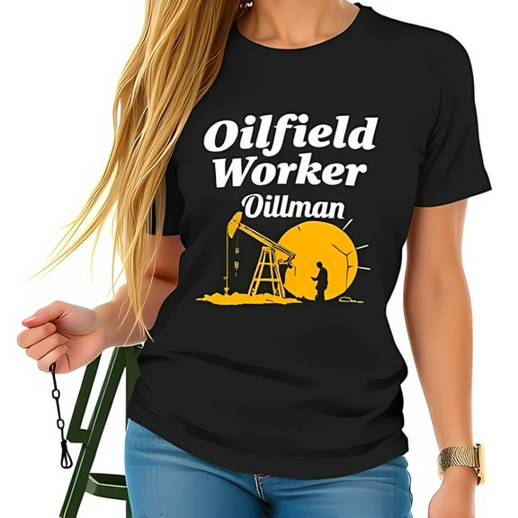 Retro Oilfield Worker Graphic T-Shirt - Black Cotton Short Sleeve Tee with Yellow Design