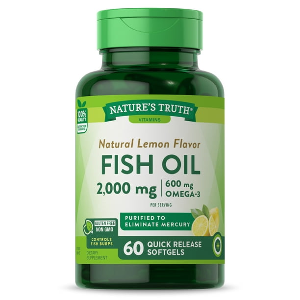 Fish Oil 2000mg 60 Liquid Softgels Omega 3 Supplement Lemon Flavor NonGMO, Gluten