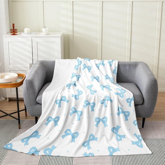 Plush Throw Blanket Blue Bow Print Soft Flannel Fleece Blanket for Couch Bed