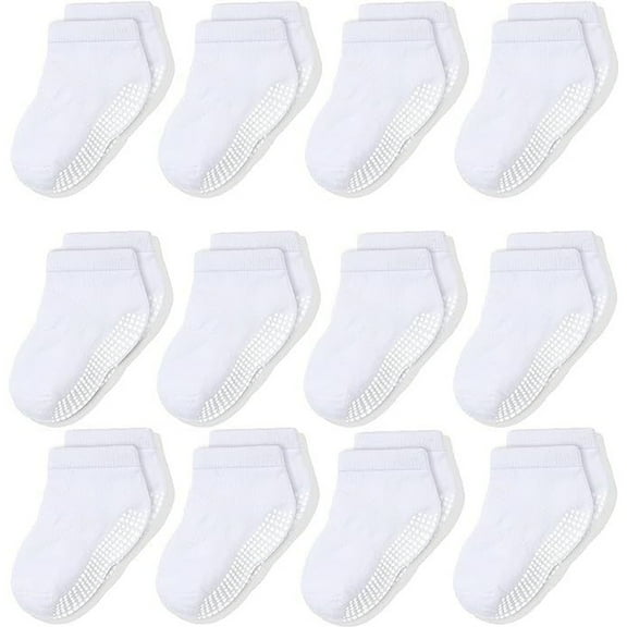 CozyWay Toddler White Socks with Grips - Non-Slip Ankle Grip Sock - Reinforced Toe for Active Kids - Soft Breathable Comfort with Cotton Blend - 1T-3T - Pack of 12 - White, Low-Cut