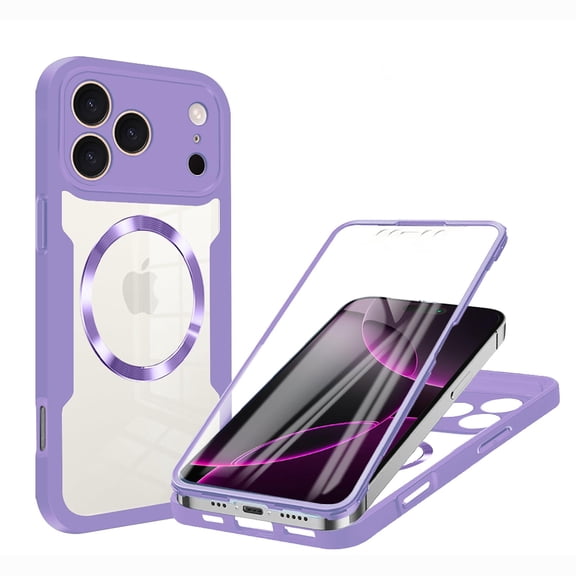 Magnetic for iPhone 17 Pro Case, [Non-Yellowing Clear] Cover Compatible with Mag-Safe, Built-in Screen Protector & Support Car Mount Holder & Upgraded Camera Protection Shockproof Case, Purple