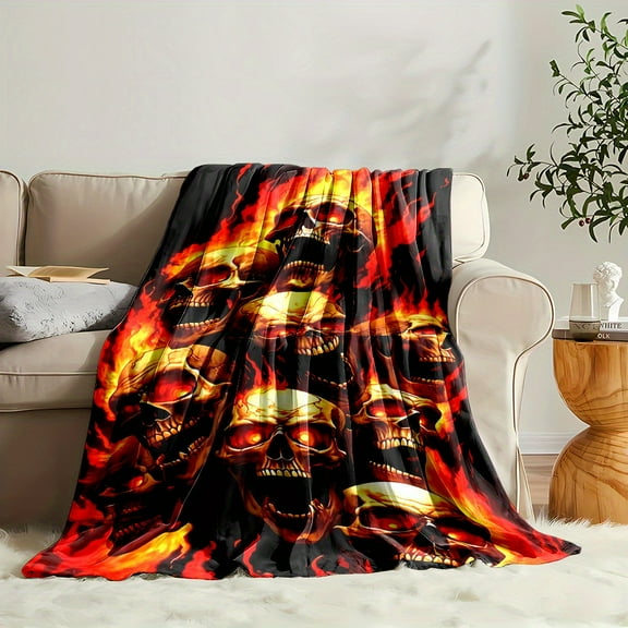 Gothic Horror Skull Stack in Flames Print Blanket - Cozy Reversible Flannel Throw, Perfect for Bed, Sofa, Camping, Travel - Ideal Gift for Boyfriend or Son, Halloween Blanket