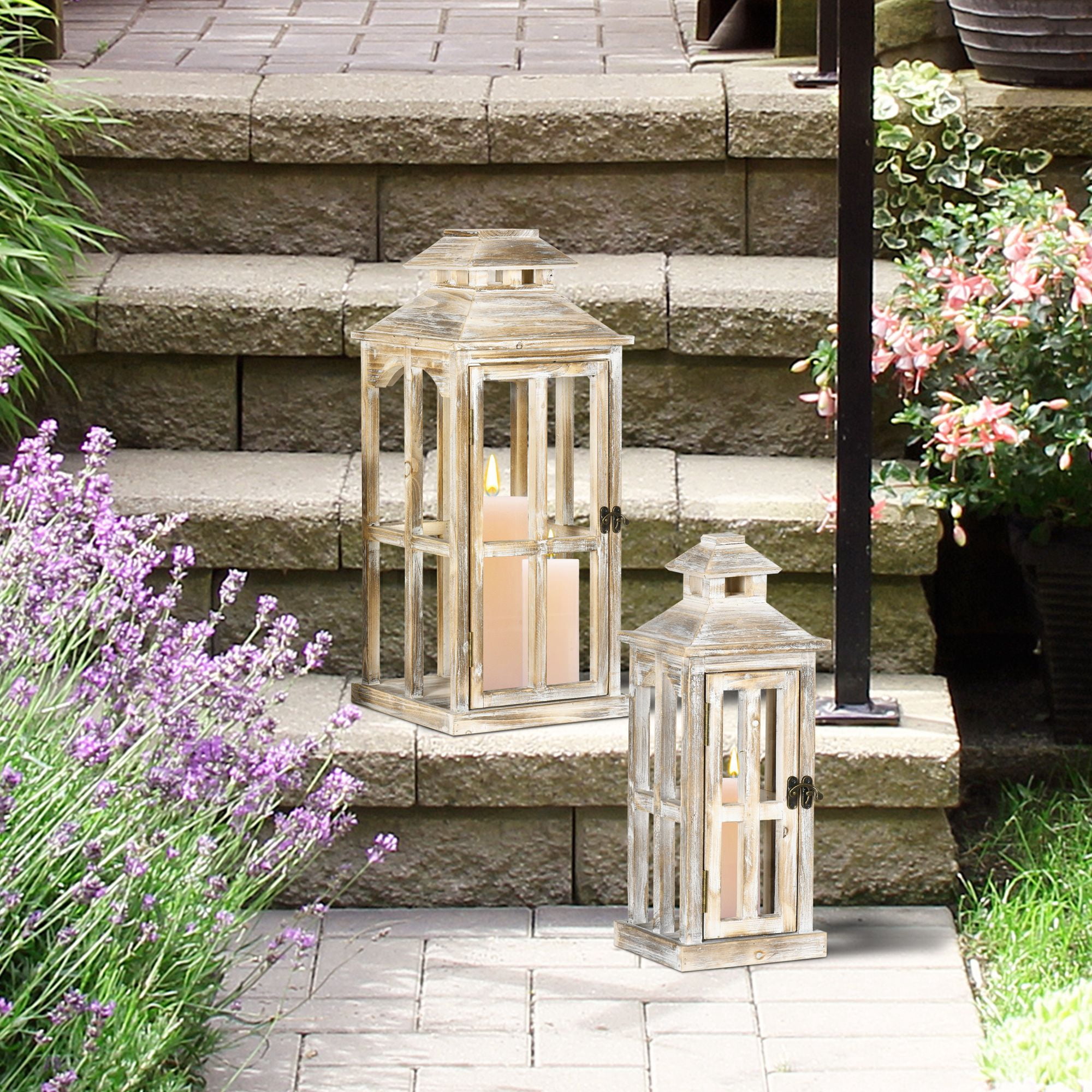 2 Pack 28"/20" Large Rustic Wooden Lantern Decorative, Indoor/Outdoor Lantern for Home Decor (No Glass), Natural
