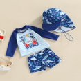 thumbnail image 3 of Kid Boy Swimsuit  Cartoon Striped Shark Print Summer Beach Long Sleeve Tops + Shorts + Hat, 3 of 7