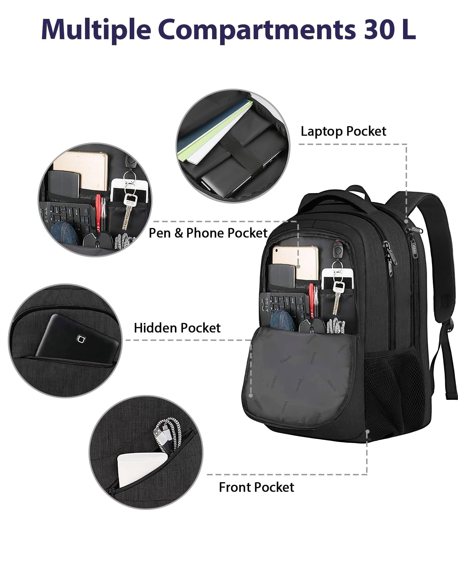 Matein Travel Backpacks for Men Women, TSA Approved Carry on Work Backpack with Trolley Sleeve and Anti Theft Pocket, 30L Capacity, Black