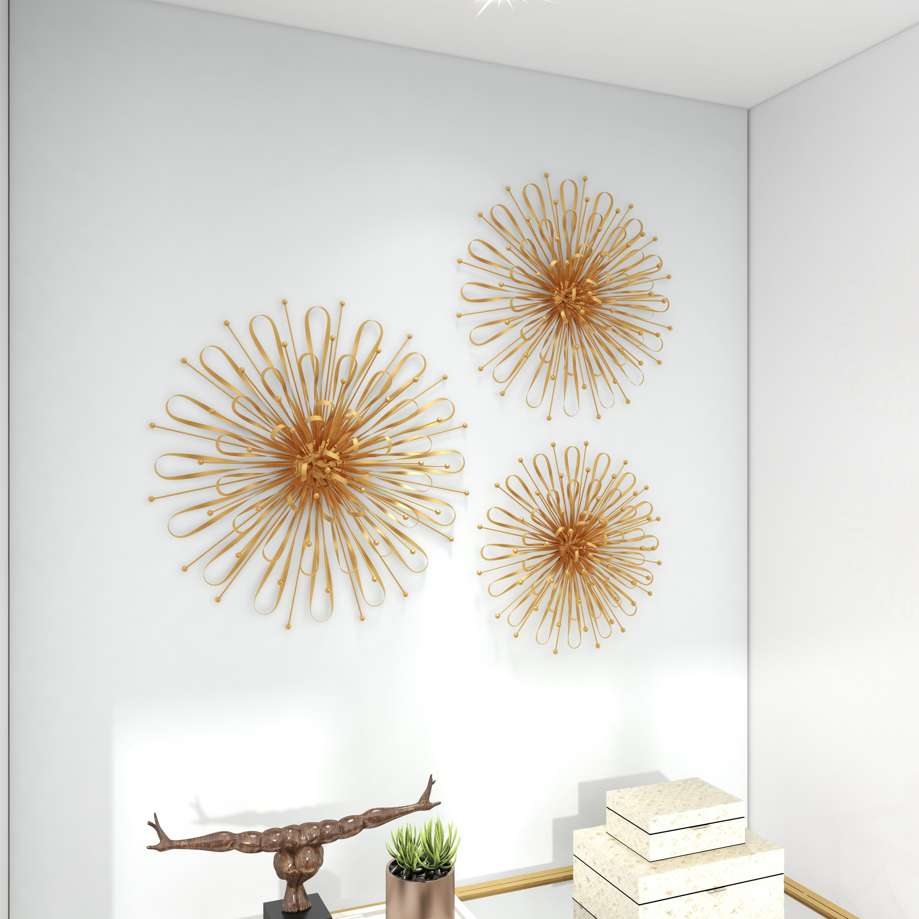 DecMode Gold Metal Starburst Wall Decor with Orb Detailing (3 Count) 