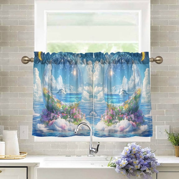 Yayeee Kitchen Curtains Light Filtering 27"x24" Rod Pocket Short Cafe Window Panel, Crystal Ocean
