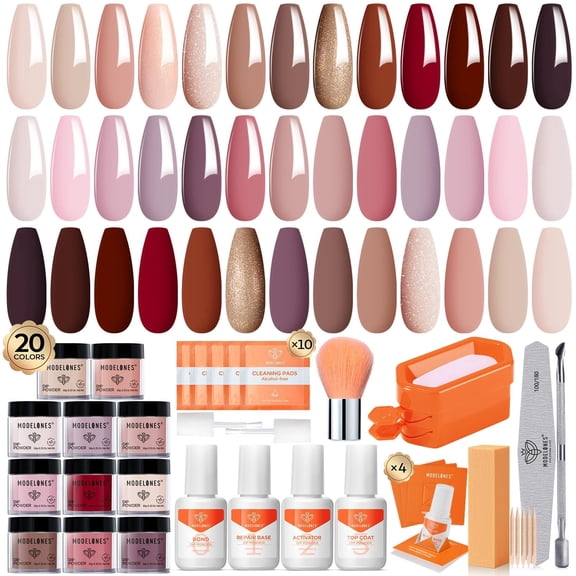 Modelones Impregnation Powder Nail Set Starter, 20 Colors Pink, Reddish Brown Spring & Summer Dipping Powder Liquid Set Base & Top Activator for French Nail Salon DIY Kit