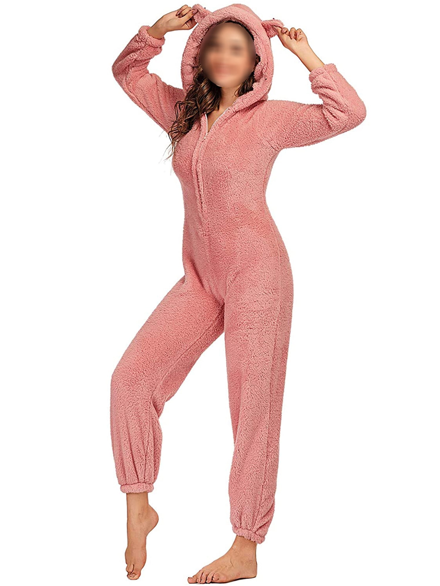 Women Girls Velvet Pajama Suit Hooded Bear Ears Jumpsuit Sleepwear Romper 