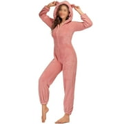 Aunavey Women One Piece Fleece Pajamas Jumpsuit Cartoon Bear Hooded Fuzzy Warm Sherpa Romper Sleepwear