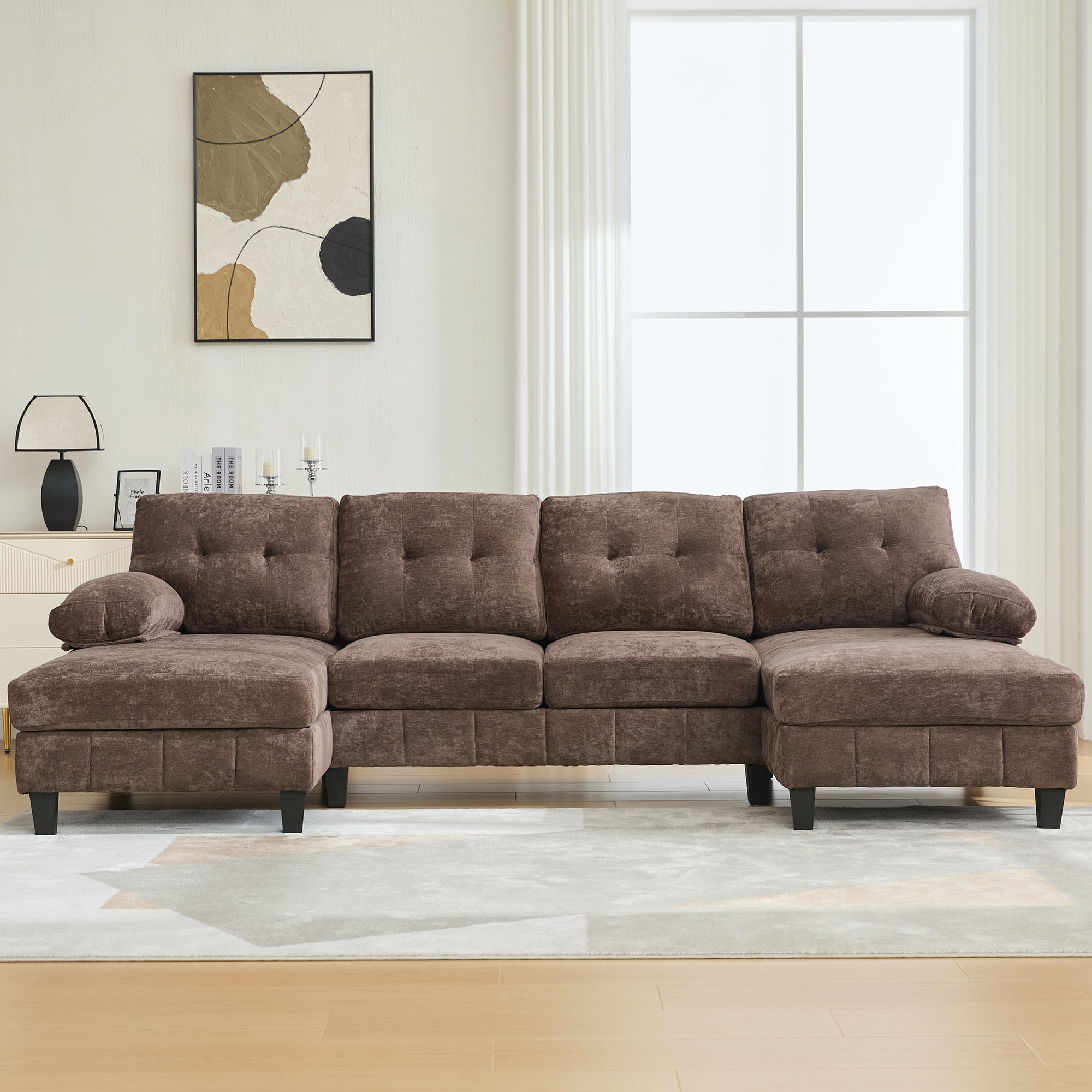 Leumius U Shaped Sectional Sofa, 103.5" Chenille Fabric Couch with Double Chaise Lounges, U Shaped Couch for Living Room, Brown