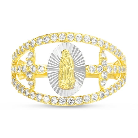 - Women's White Cubic Zirconia Virgin Mary Flower Sides Ring in Yellow Gold and Rhodium Plated Sterling Silver