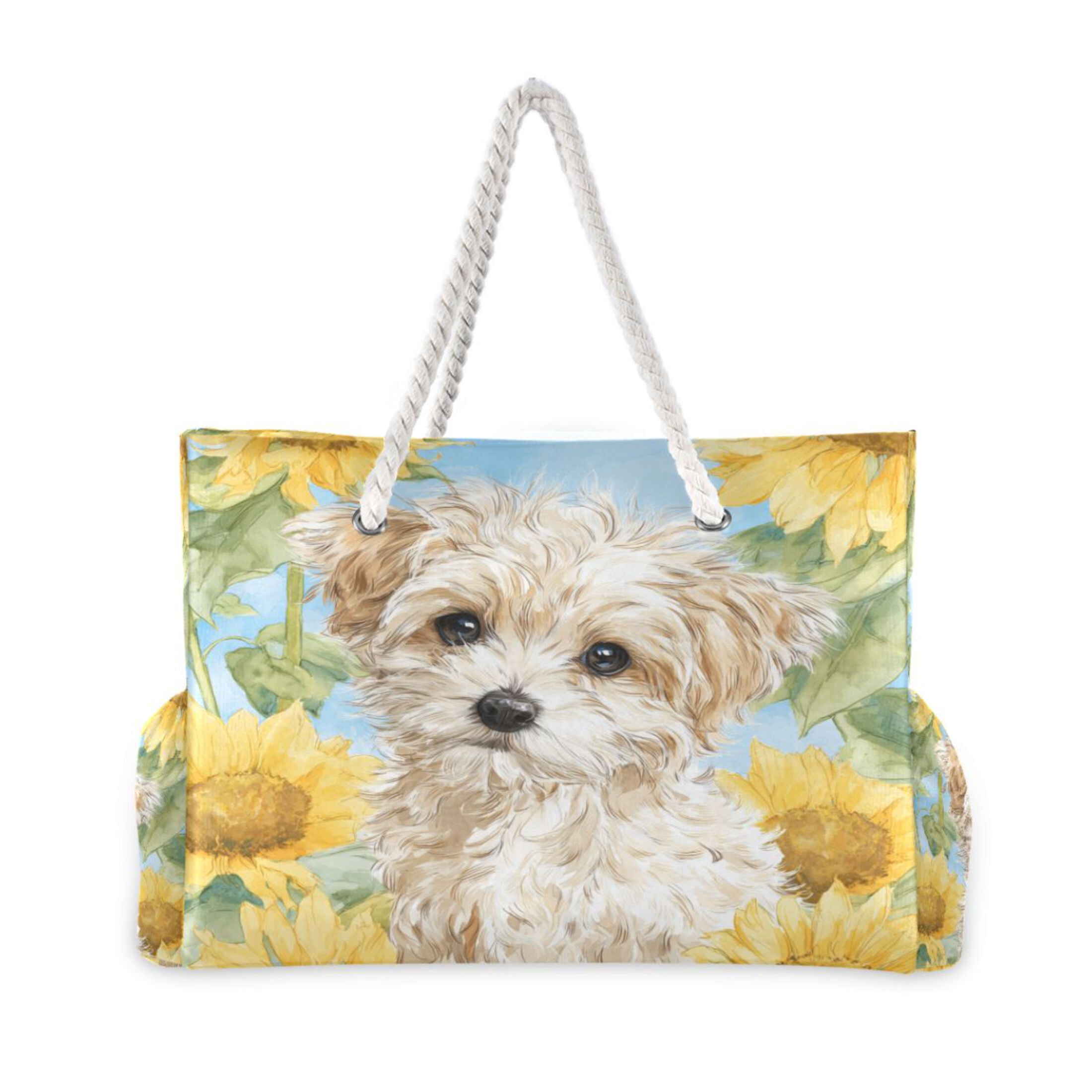 20.5"x15" Large Beach Tote Bag with Rope Handles, Waterproof Nylon, Zipper Closure, Multi-Pockets for Travel, Pool & Daily Use Cute Cream-colored Maltipoo Puppy