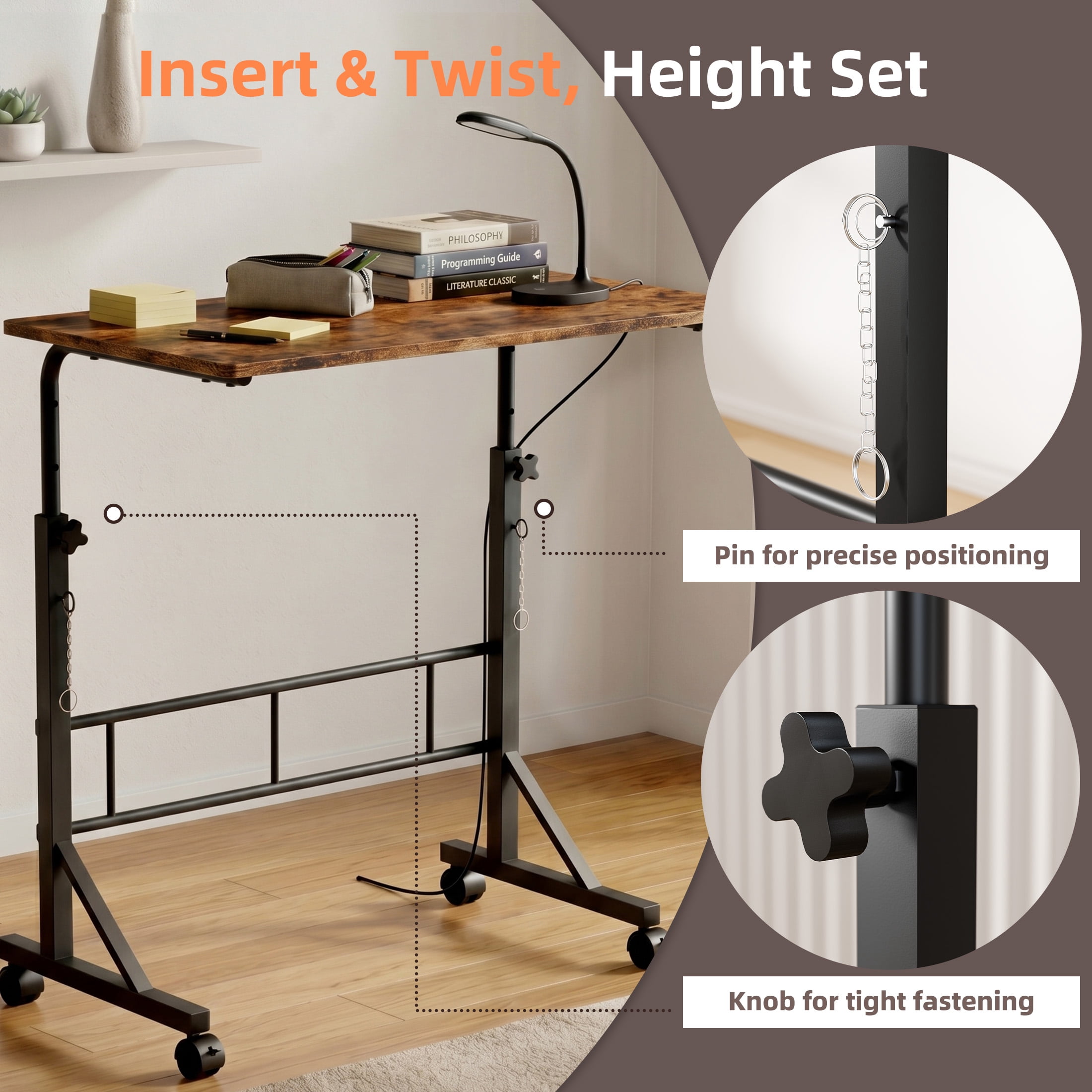 CONCETTA Adjustable Height Mobile Standing Desk with Wheels, 16"x31.5" Small Rolling Computer Desk for Home Office, Rust