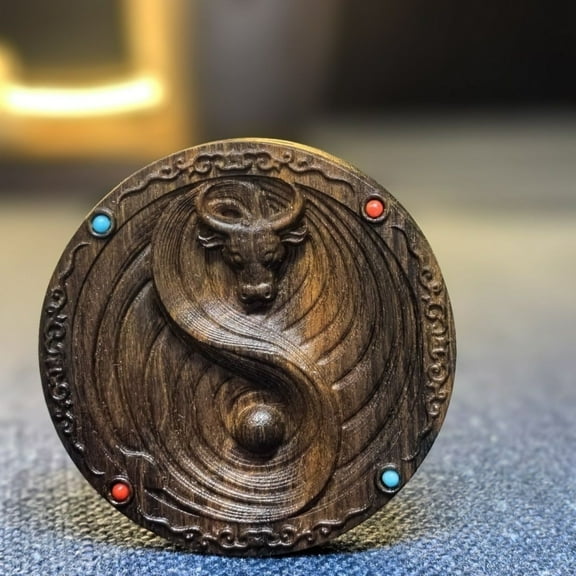 Agarwood Ox Bagua Pendant Hand Carved Wood Amulet Pocket Talisman Unisex Spiritual Charm for Men and Women