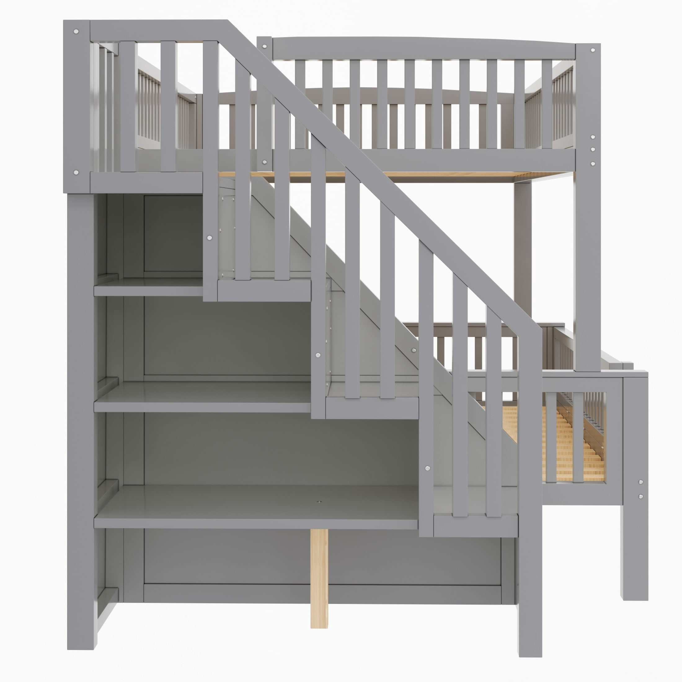 Noble House Dalmor Full XL over Queen Bunk Bed with Storage Staircase & Built-in Bookshelf, Adjustable LED Light, Grey