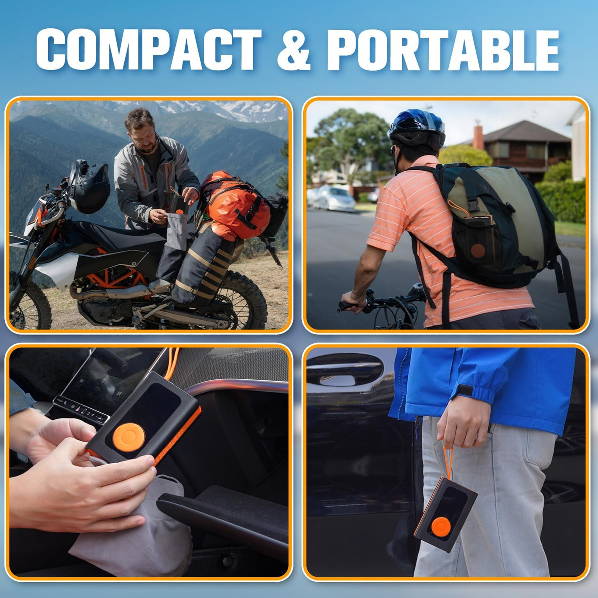 150 PSI Portable Tire Inflator, Cordless Air Compressor for Car, Bike & Motorcycle Tires with Pressure Gauge, Fast Inflation Air Pump (Orange, Small)