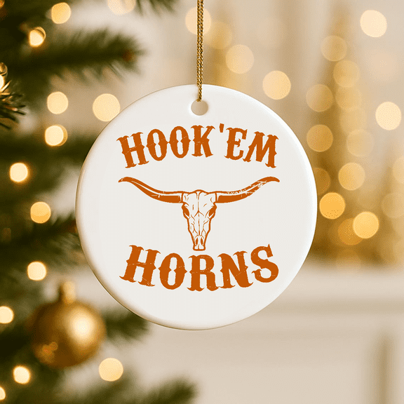 Hook' Em Horns Texas State Longhorns Ornament Bull Head Proud Texan Football 2D FLAT CIRCLE Ceramic Ornament