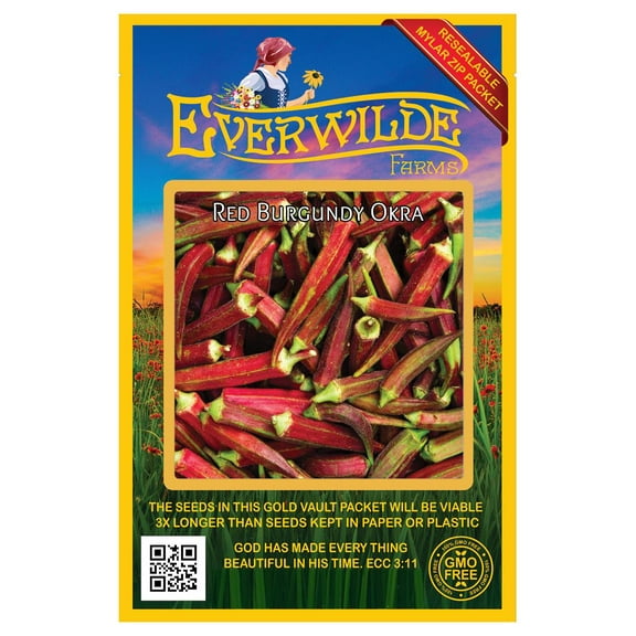 Everwilde Farms - 100 Red Burgundy Okra Seeds - Gold Vault Jumbo Bulk Seed Packet