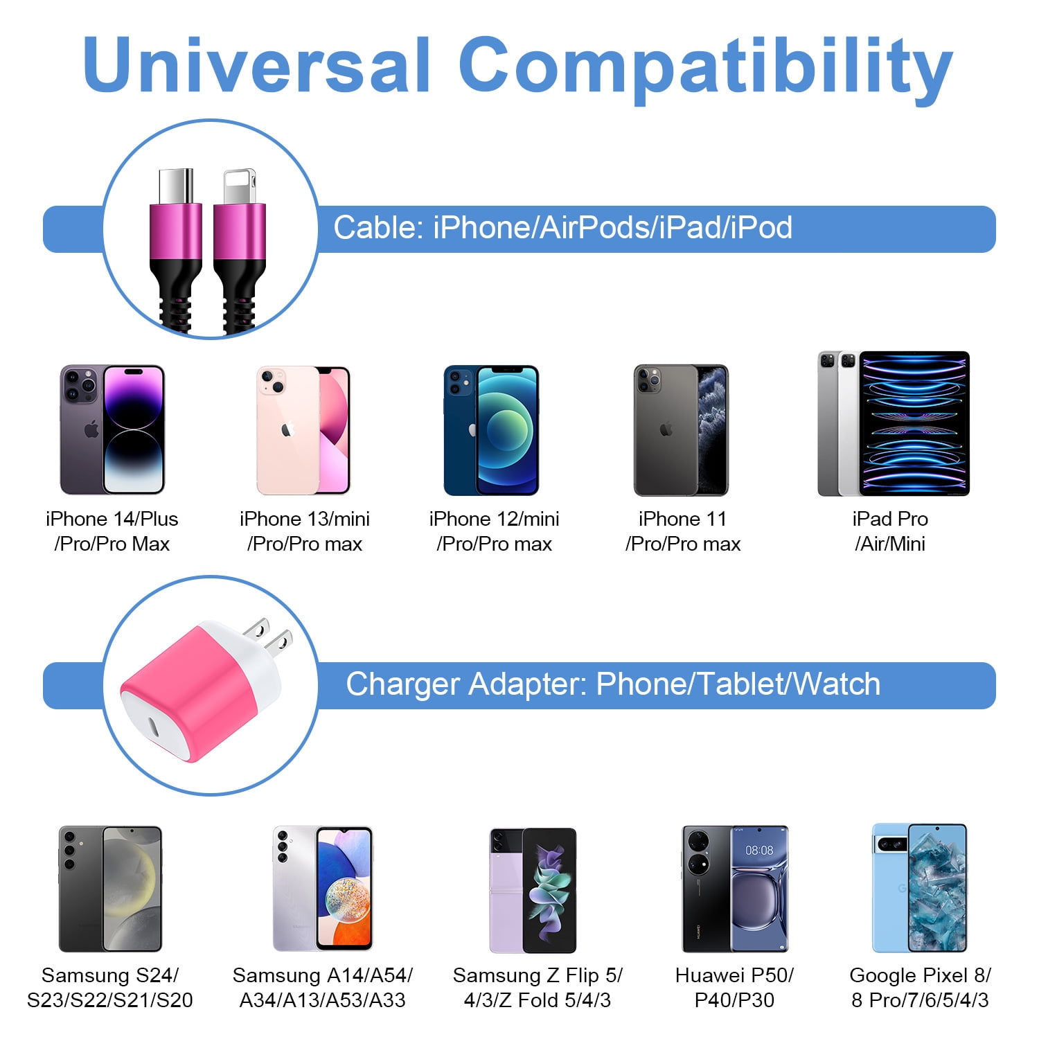 Compatible for iPhone Charger Fast Charging, 3 Pack 20W PD USB C Charger Block+USB C to Charging Cord 6FT, Type C Wall Charger Adapter USB C Brick Phone Charging Cord Compatible for iPhone, Pink