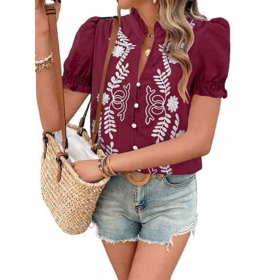 Women'S Summer Tops 2025 Casual Ruffle V Neck Puff Short Sleeve Button Down Shirts Embroidered Blouses Wine Red L