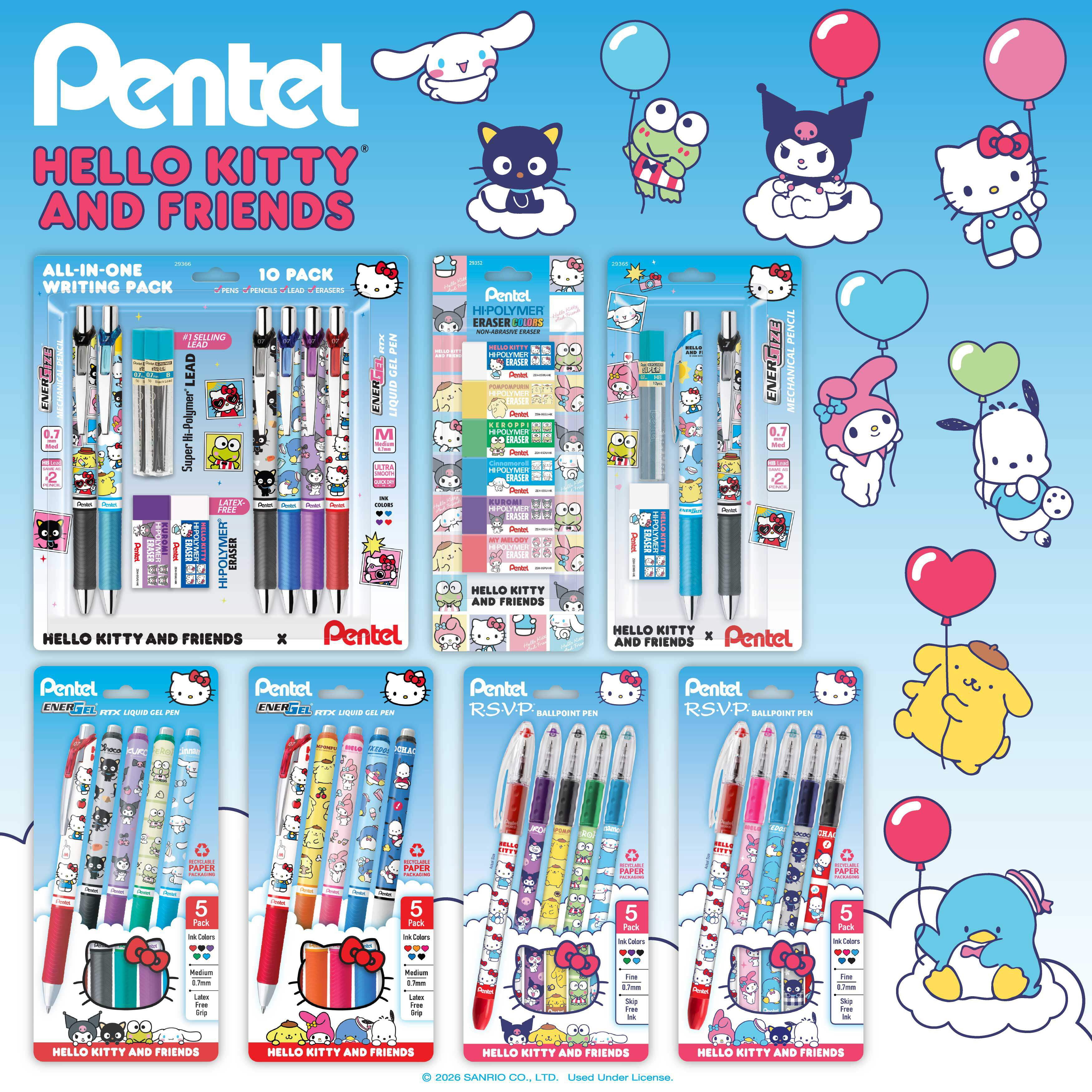 Pentel Writing Essentials Pack, Hello Kitty® and Friends, Limited Edition, EnerGel, EnerGize, 0.7mm, W/Refill Lead and Small Block Erasers, 10-Pk