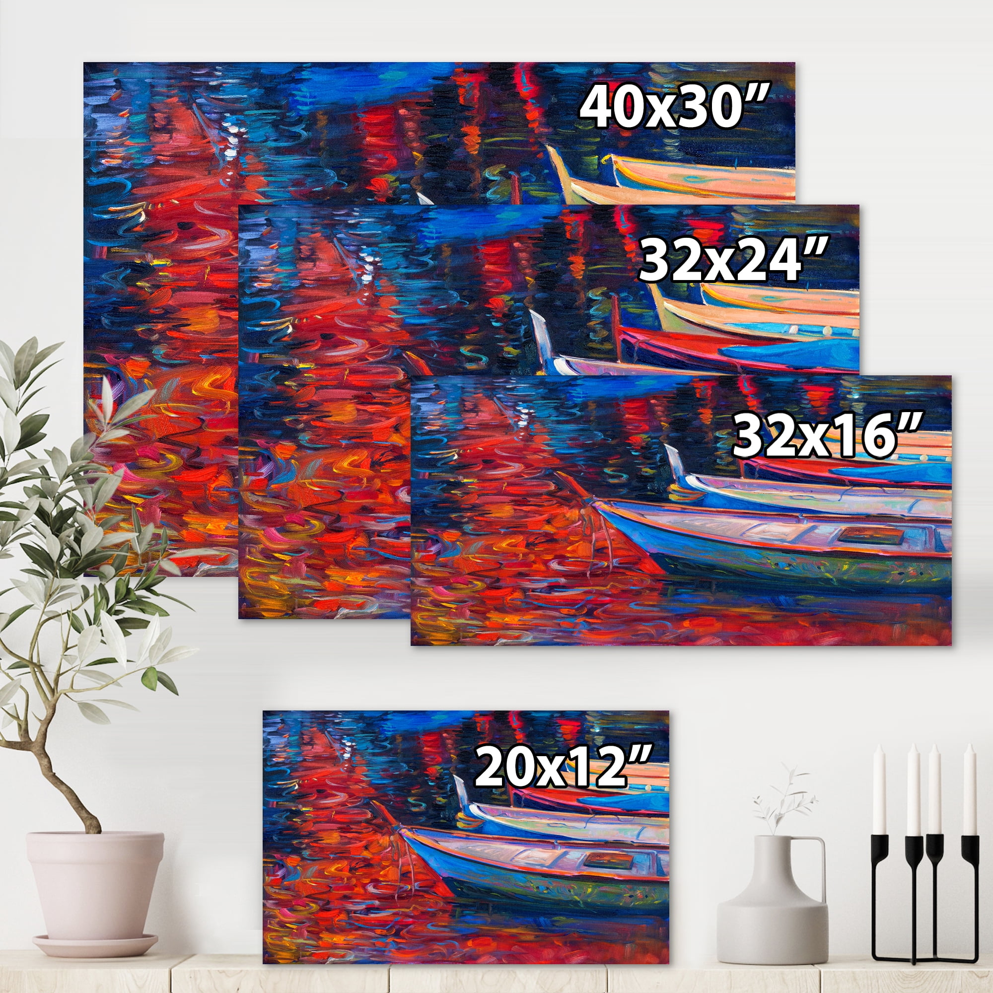 Designart ' Boats During Warm Sunset Resting On The Water IX ' Nautical & Coastal Canvas Wall Art Print