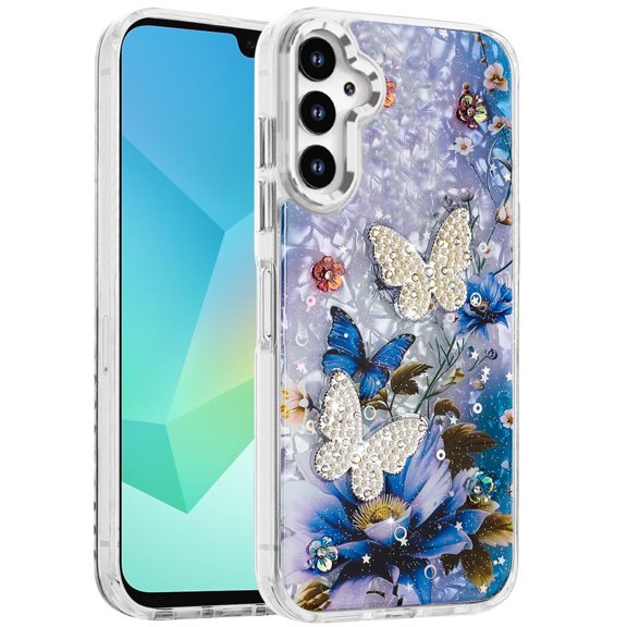 XPM for Samsung Galaxy A16 5G Phone Case, Epoxy Glitter Flowers Bling 3D Butterfly Fashion TPU Hybrid with Shockproof Protection Cover for Galaxy A16 (Purple)