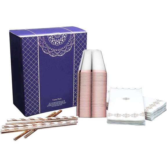 Pack of 25 Rose Gold Party Set, 25 Rose Gold-Rimmed Plastic Disposable Cups 9oz, 25 Cloth-Like/Linen-Feel Napkins, 25 Solid Rose Gold Paper Straws & 25 Rose Gold-Striped Paper Straws