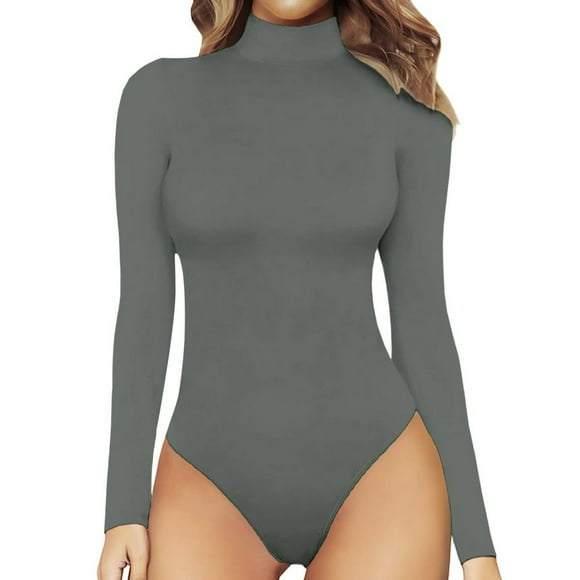 Women Fashion Mock Turtle Neck Long Sleeve Solid Plush Tops Bodysuit Jumpsuit