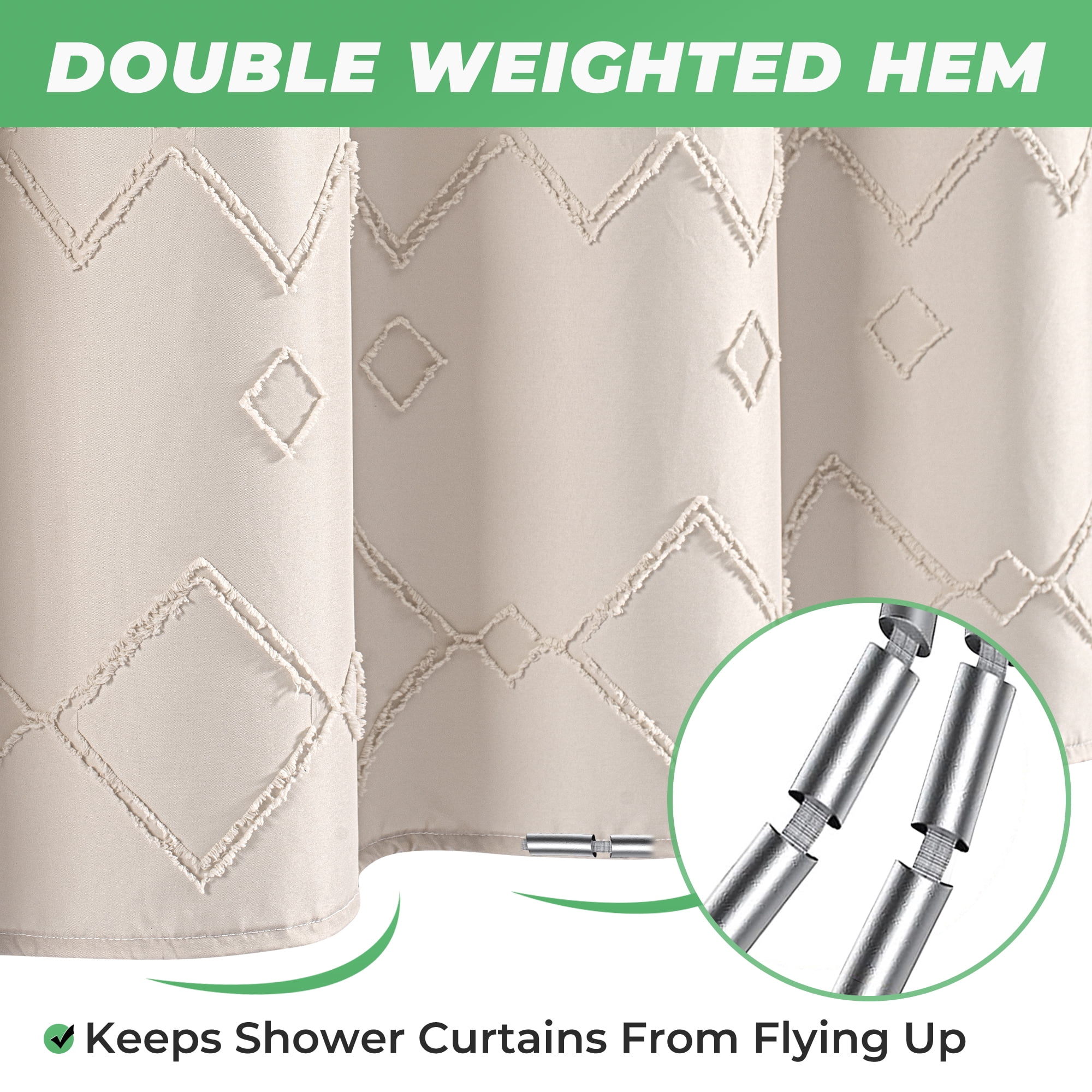 Seasonwood Beige Boho Shower Curtain with Hooks,Extra Long Heavy-Duty Weighted-Hem Fabric Bathroom Curtain,Water-Repellent, Machine-Washable,72"x96"