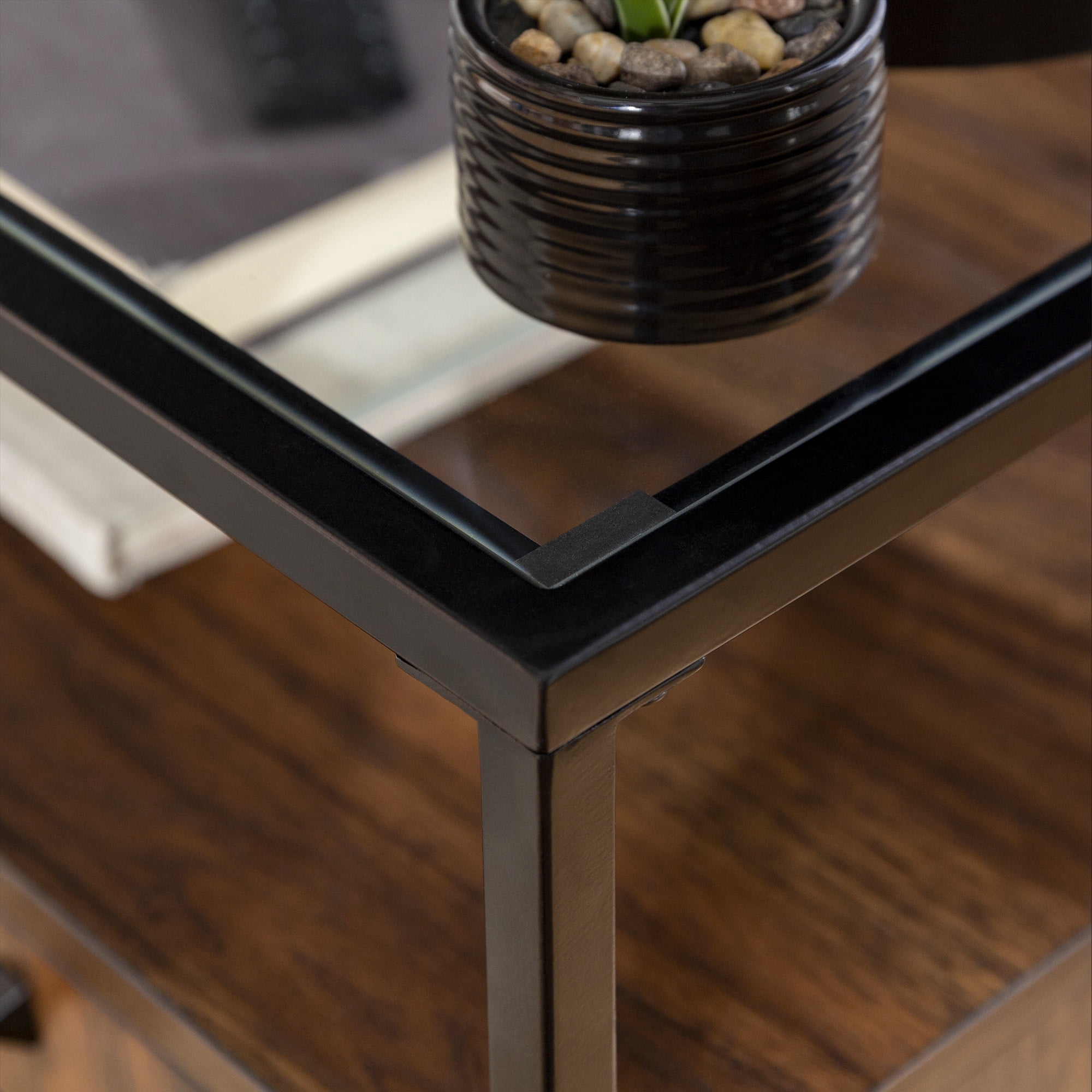 Manor Park Modern Glass Top Two-Door Nightstand, Dark Walnut