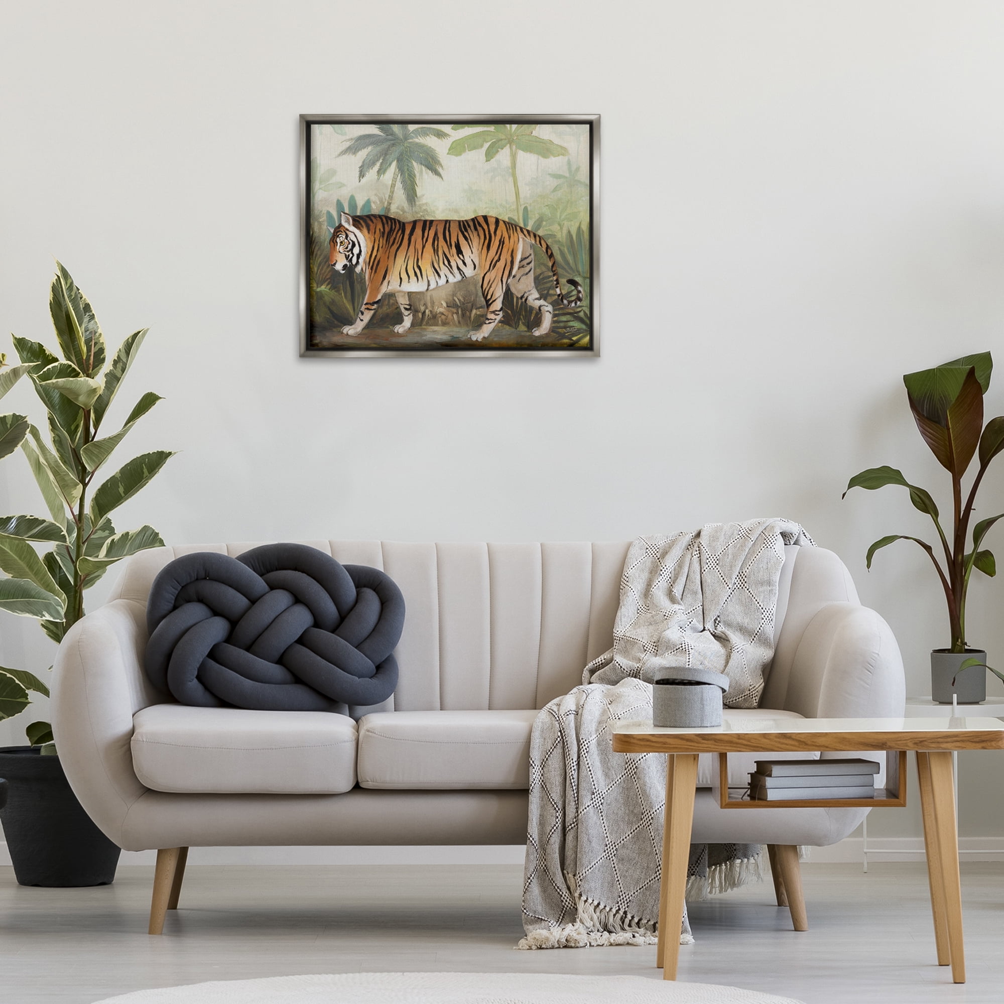 Stupell Industries Prowling Tiger in Forest Landscape Painting Gray Floater Framed Canvas Art Print Wall Art, 31 x 25