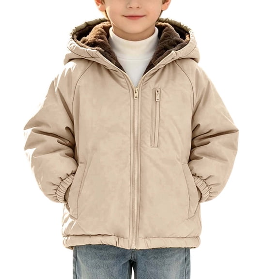 QQZ Boys Fleece Lined Hooded Puffer Jacket, Solid Khaki Thick Warm Zip Up Coat With Multi Pockets, Long Sleeve Outerwear For Kids Aged 2-9, Suitable For Daily Wear