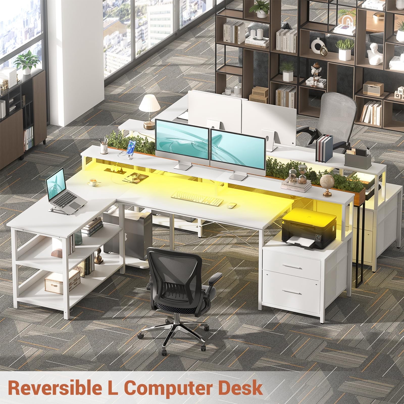 Homieasy L Shaped Desk with File Drawer, 72.8" Reversible L Shaped Computer Desk with Power Outlet & LED Strip, Gaming Desk with Monitor Stand, Office Desk Corner Desk with Storage Shelf, White