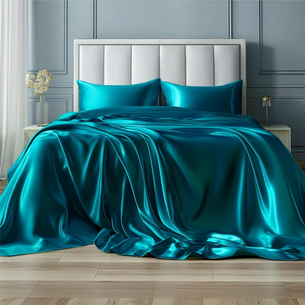 Juego de sábanas Bedsure de satén tamaño king, color verde azulado, 4 piezas