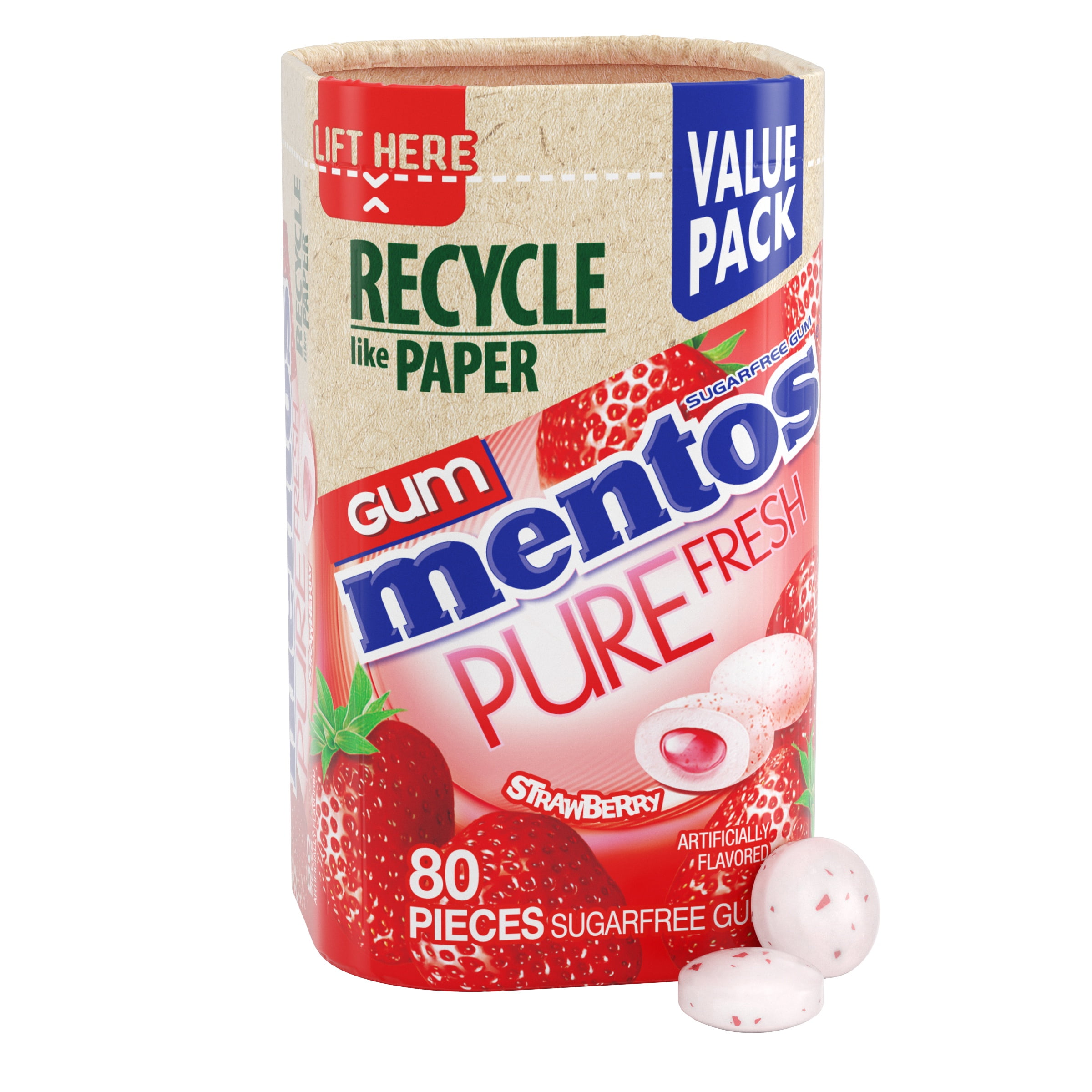 Mentos Pure Fresh Sugar-Free Gum, Paperboard Bottle, Strawberry, Peanut-Free, Regular Size, 80 Count