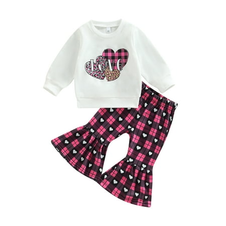 

Ma&Maby Kids Toddler Baby Girls Pants Set Long Sleeve Letters Heart Print Sweatshirt + Plaid Flare Pants