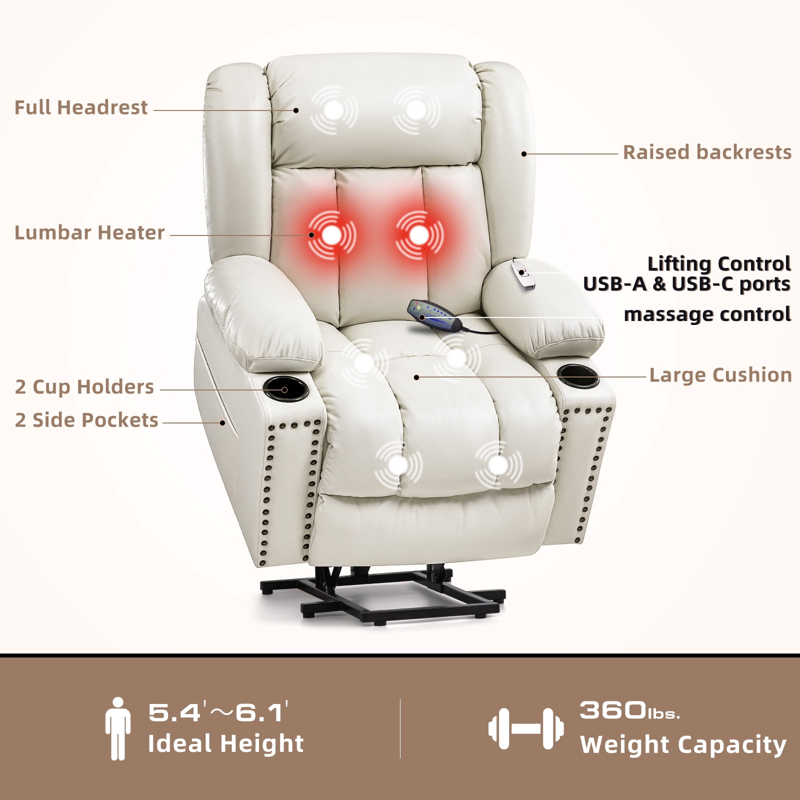 Large Power Lift Chairs Recliners for Elderly with Heated and Massage, Overstuffed Adjustable Lift Chairs, 3 Positions, Breathable Leather, USB-A and USB-C, Cup Holder, Side Pocket, Dark Brown