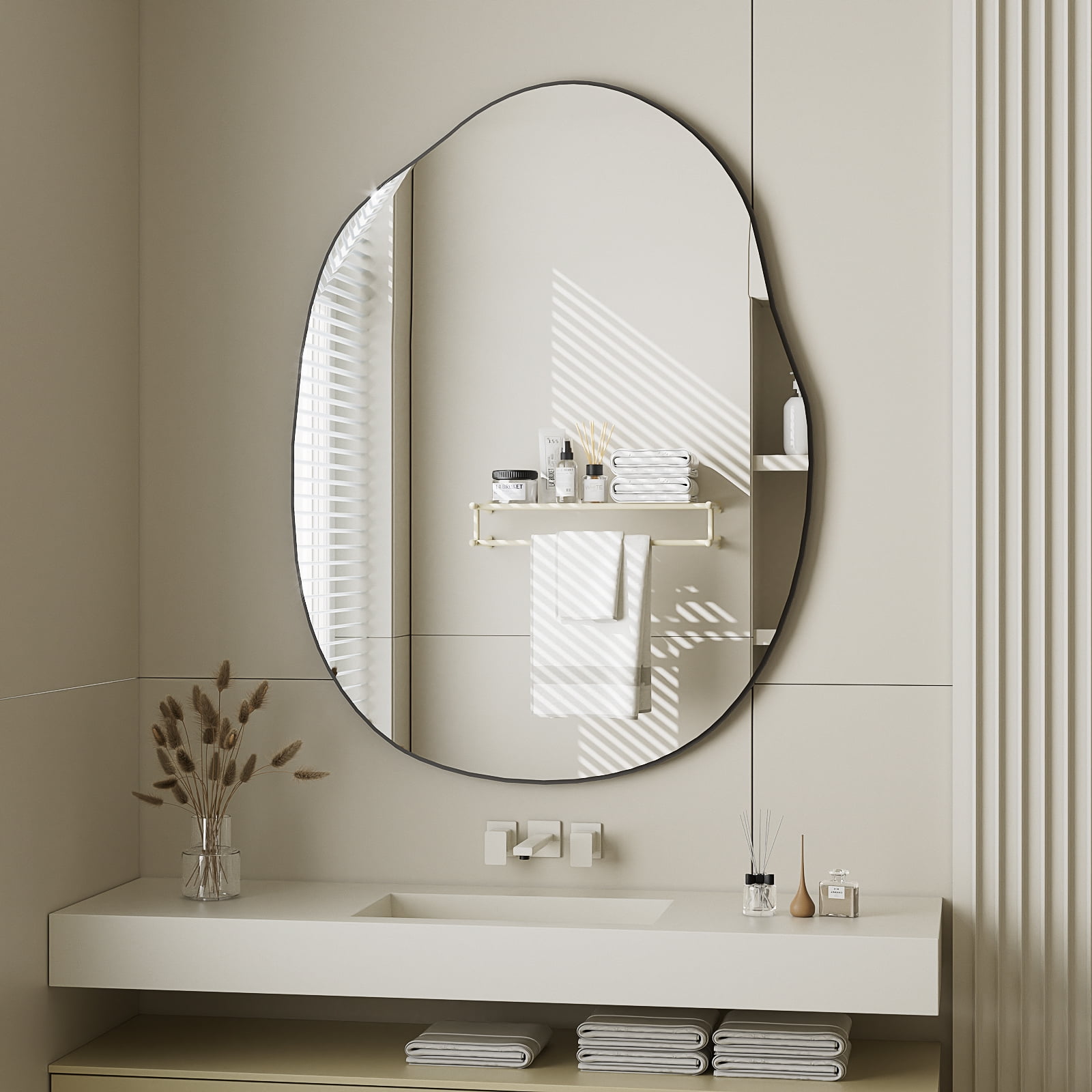 BEAUTYPEAK 24" x 32" Vanity Mirror Wall Wavy Mirror Bathroom Mirror Decor , Black